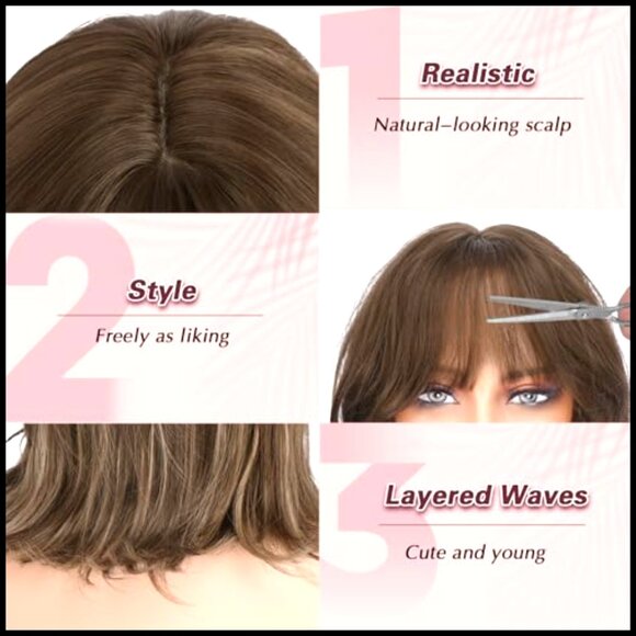 Synthetic Bob Wig with Bangs Wavy Layered Shoulder Length Heat Resistant